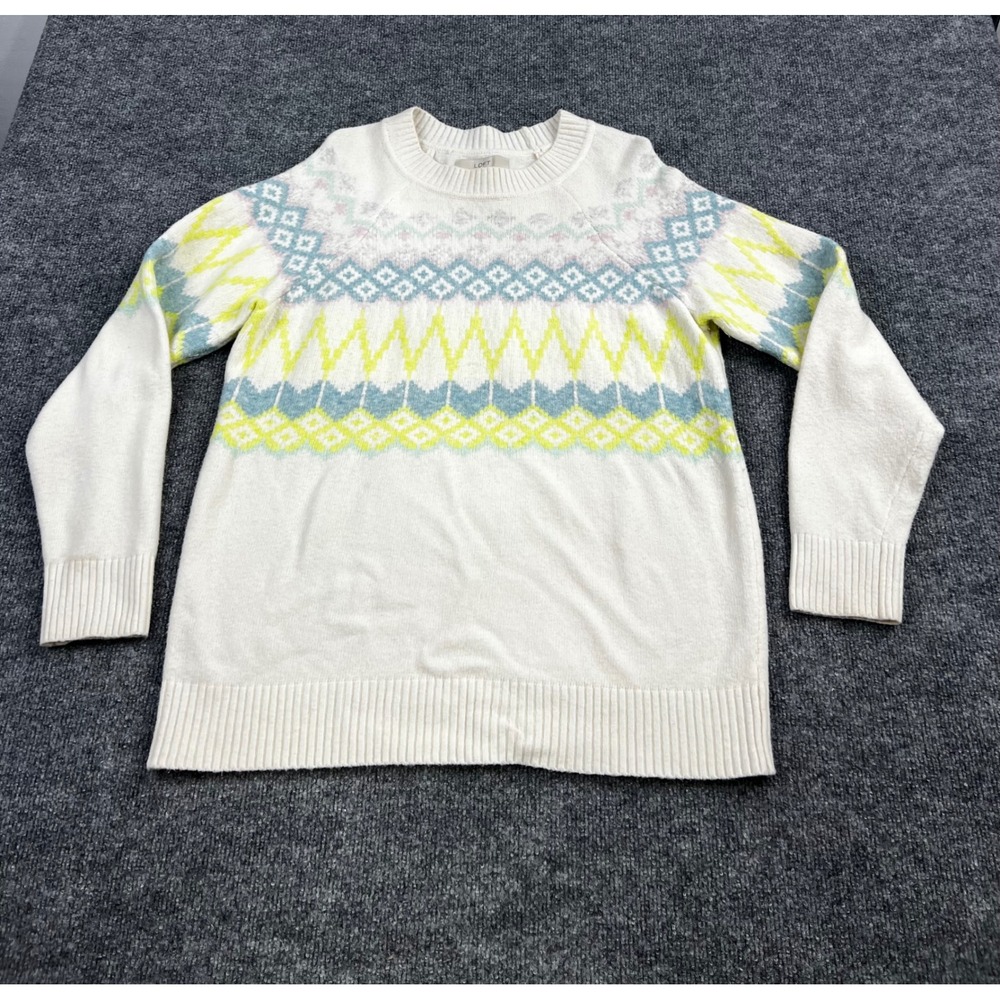 LOFT Womens XL Fair Isle Crewneck Sweater Cream Yellow Blue Geometric Raglan